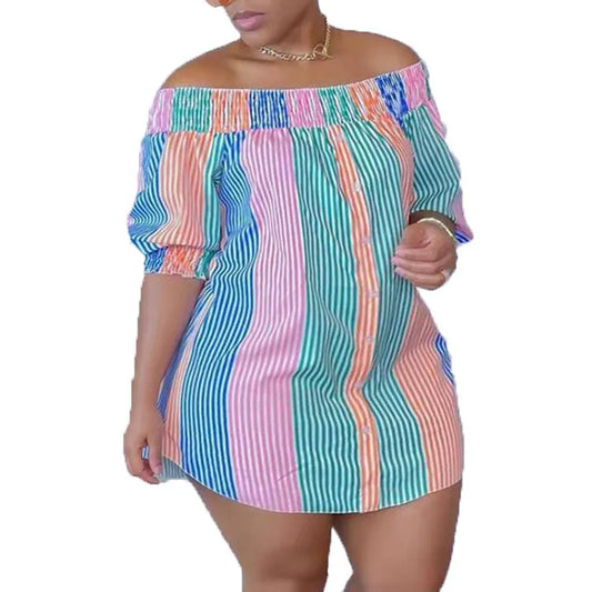 Plus Size Women's Printed Striped off-Shoulder Mini Shirt Dress - 4 Colors