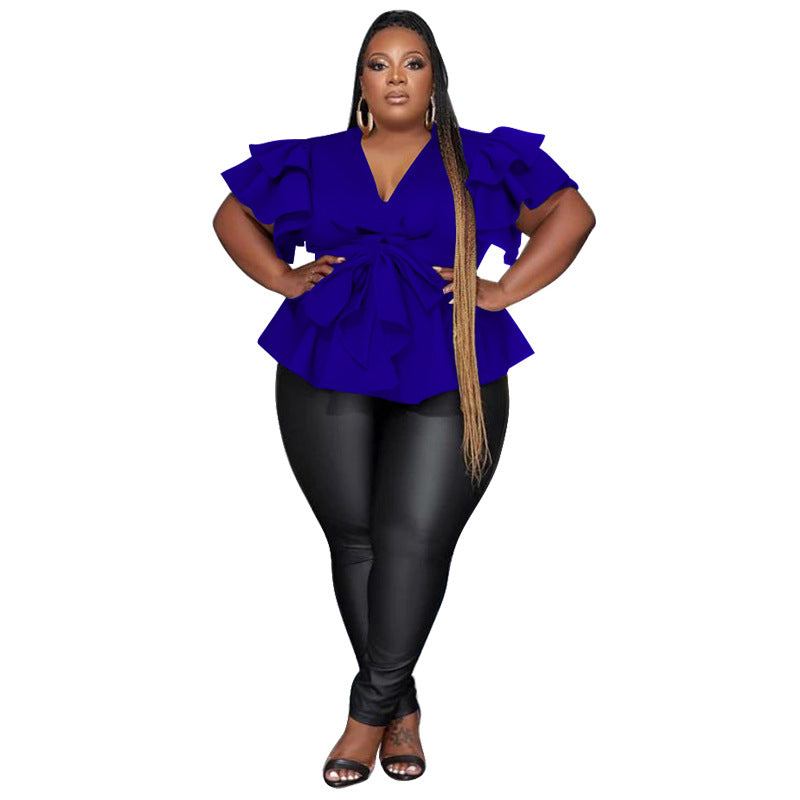 Plus Size Tunics Peplum Tops Deep V-Neck Ruffles Short Sleeve Belted Blouse