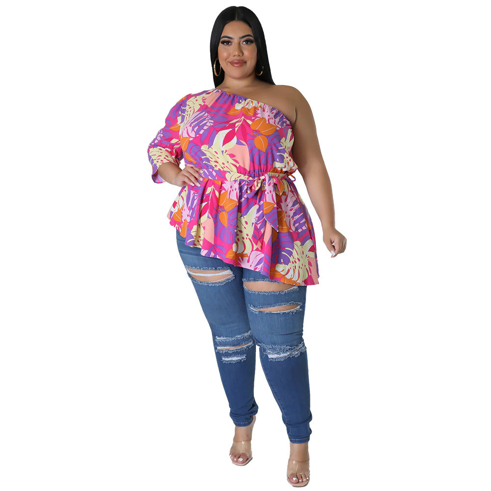 Plus Size Asymmetrical One Shoulder Printed Shoulder Long Sleeve Blouse