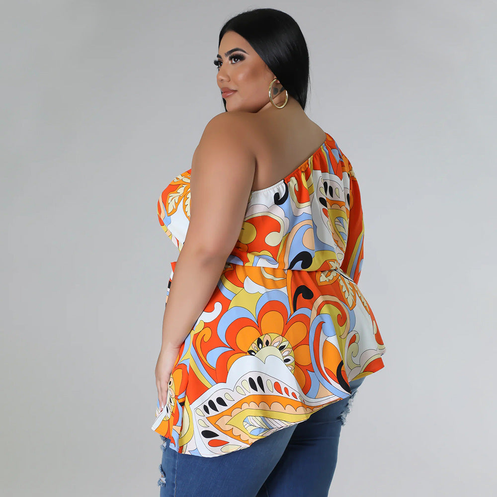 Plus Size Asymmetrical One Shoulder Printed Shoulder Long Sleeve Blouse