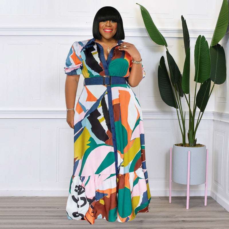 Plus Size All-Over Print Short Sleeve Maxi Dress with Belt - 3 Colors