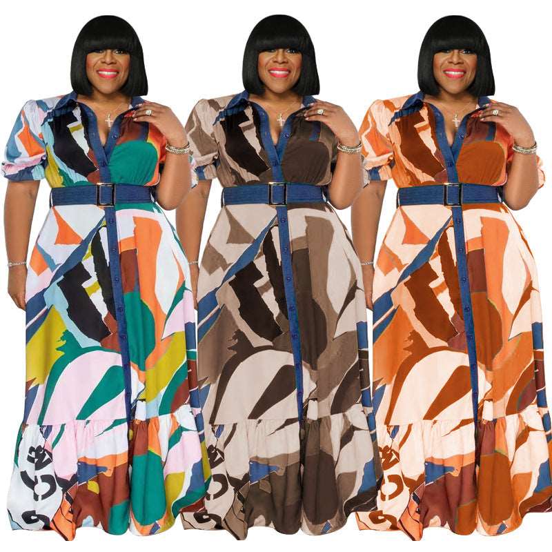 Plus Size All-Over Print Short Sleeve Maxi Dress with Belt - 3 Colors