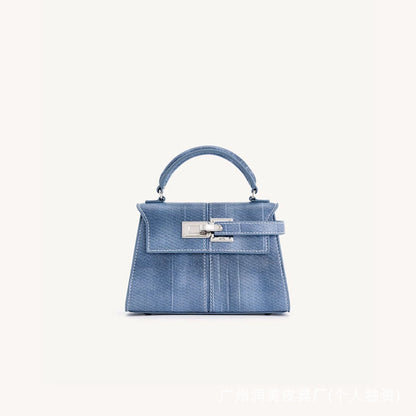 Trapezoidal Leather Shoulder Bag – Structured Luxury Crossbody Handbag Denim blue - Small size