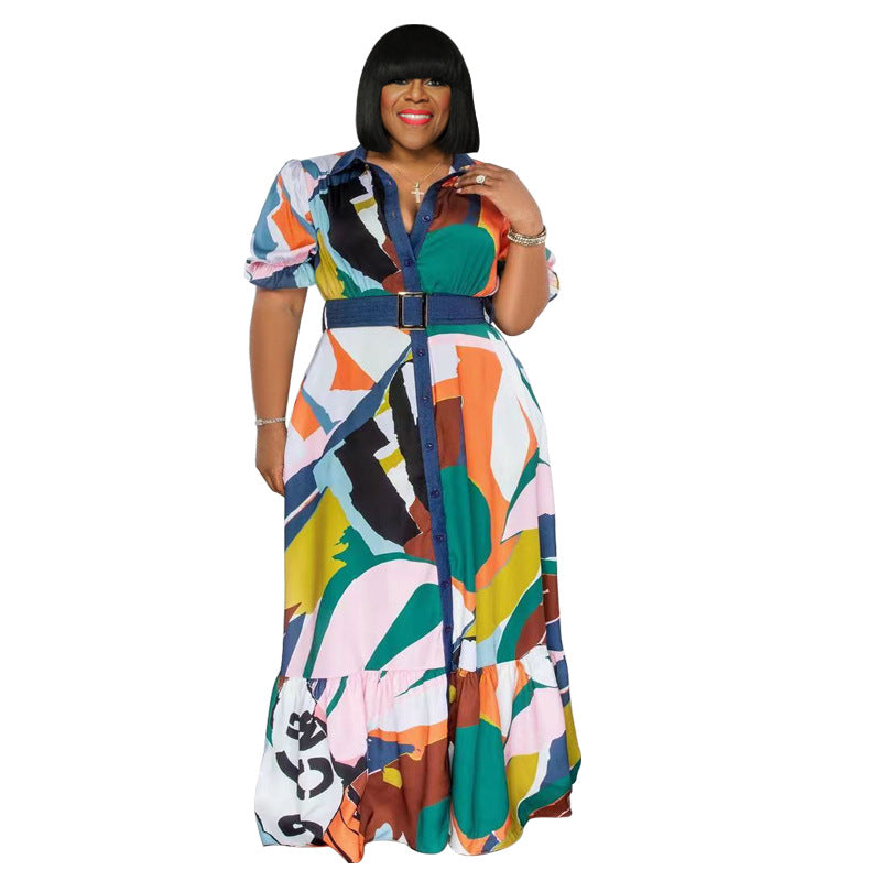 Robe Maxi à Manches Courtes Imprimée de Grande Taille avec Ceinture - 3 Couleurs