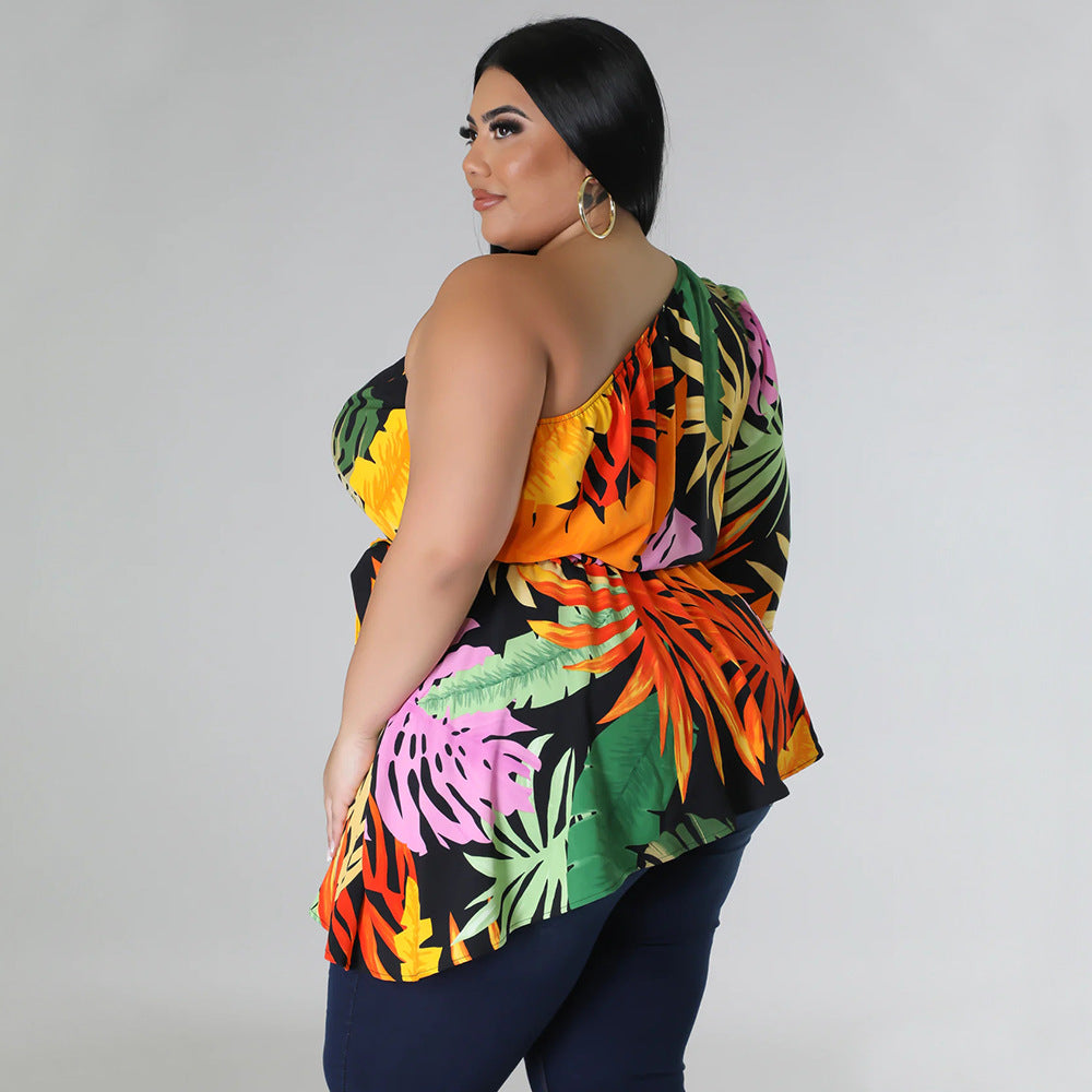 Plus Size Asymmetrical One Shoulder Printed Shoulder Long Sleeve Blouse