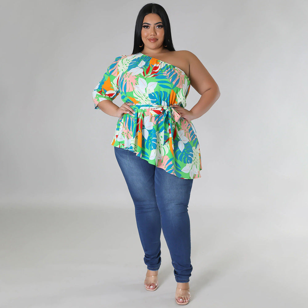 Plus Size Asymmetrical One Shoulder Printed Shoulder Long Sleeve Blouse