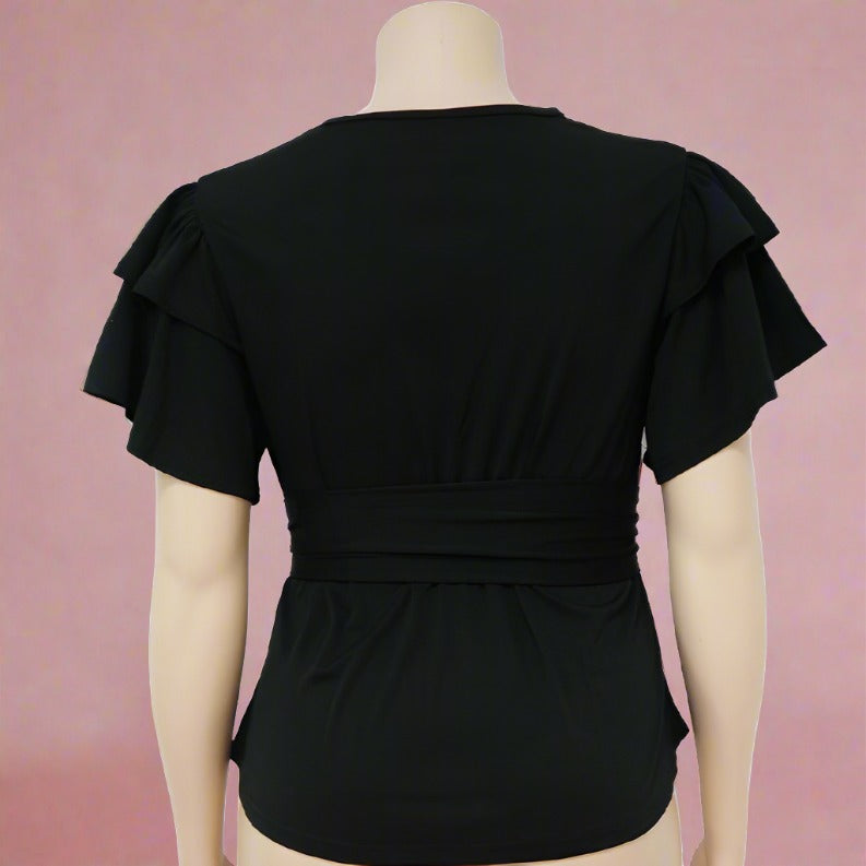 Plus Size Tunics Peplum Tops Deep V-Neck Ruffles Short Sleeve Belted Blouse