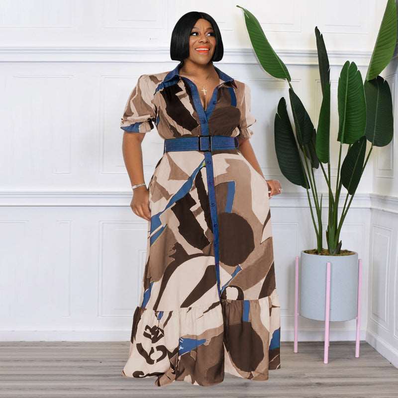 Plus Size All-Over Print Short Sleeve Maxi Dress with Belt - 3 Colors