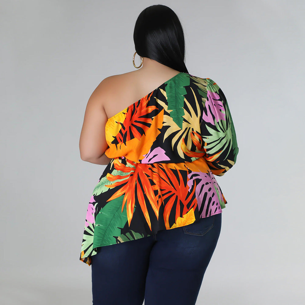 Plus Size Asymmetrical One Shoulder Printed Shoulder Long Sleeve Blouse