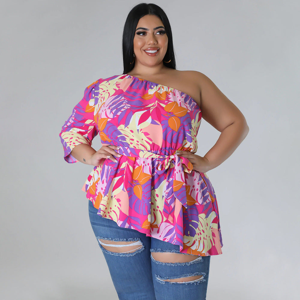 Plus Size Asymmetrical One Shoulder Printed Shoulder Long Sleeve Blouse