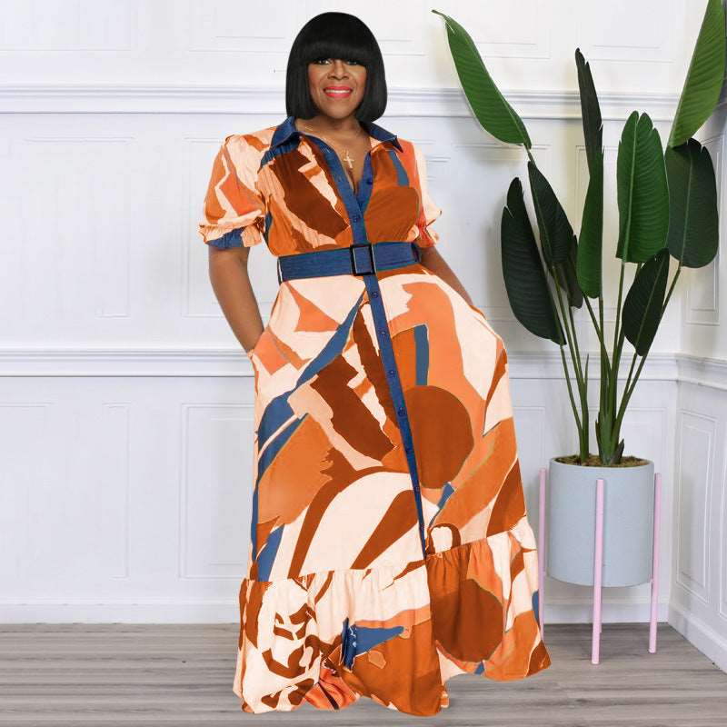 Plus Size All-Over Print Short Sleeve Maxi Dress with Belt - 3 Colors