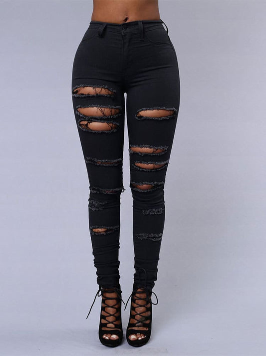 Pantalon en jean déchiré skinny extensible taille haute longueur cheville