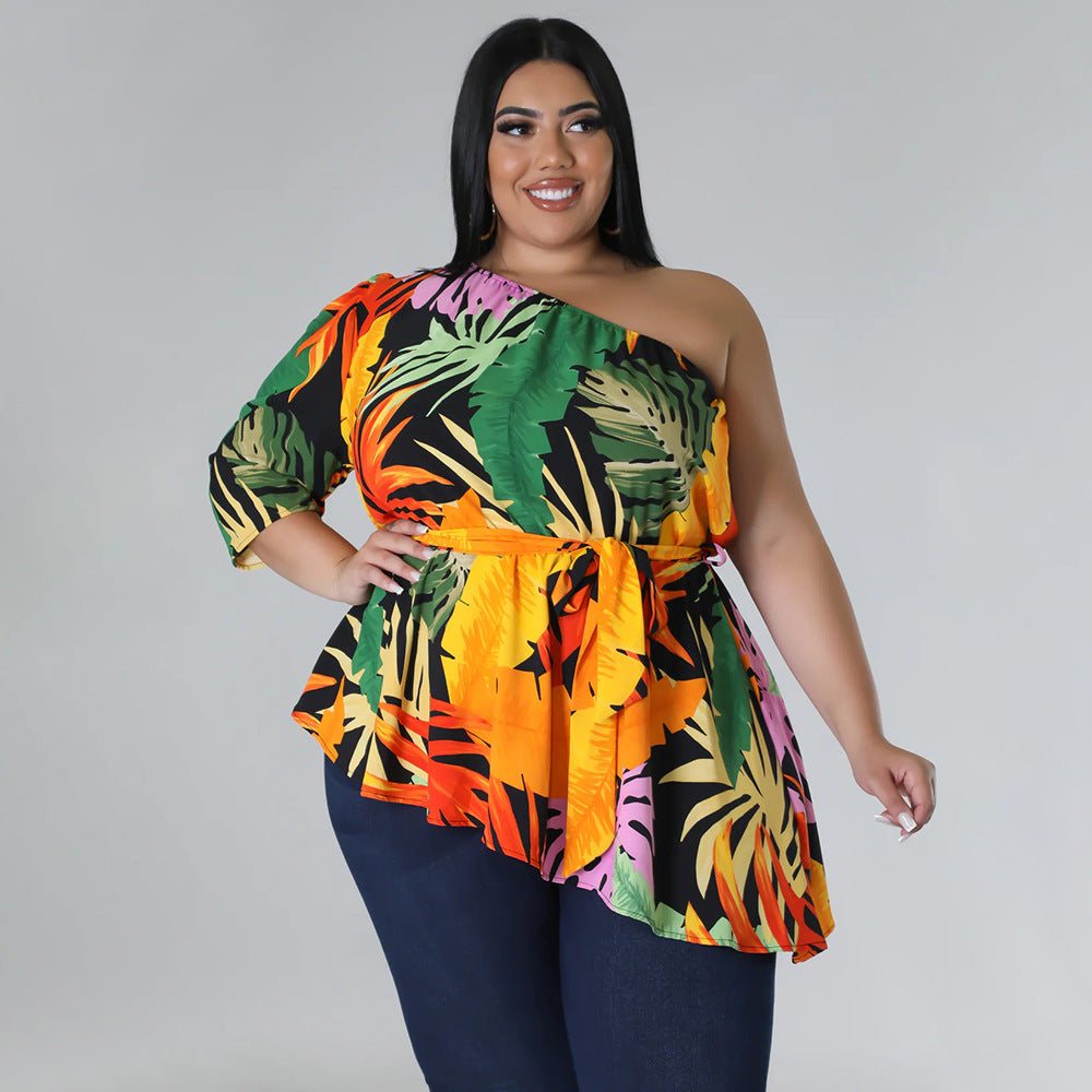 Plus Size Asymmetrical One Shoulder Printed Shoulder Long Sleeve Blouse