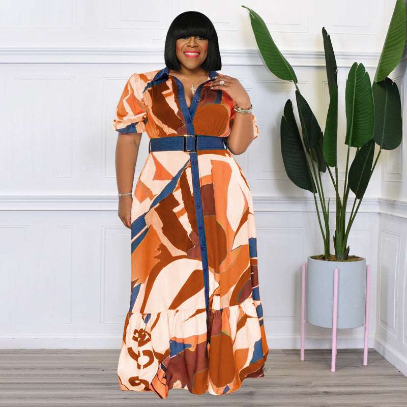 Plus Size All-Over Print Short Sleeve Maxi Dress with Belt - 3 Colors