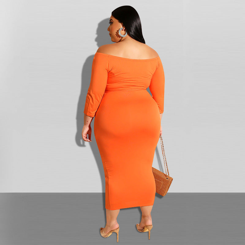 Plus Size Sunset Chic Bodycon off-the-Neck Midi Dress, back view, orange