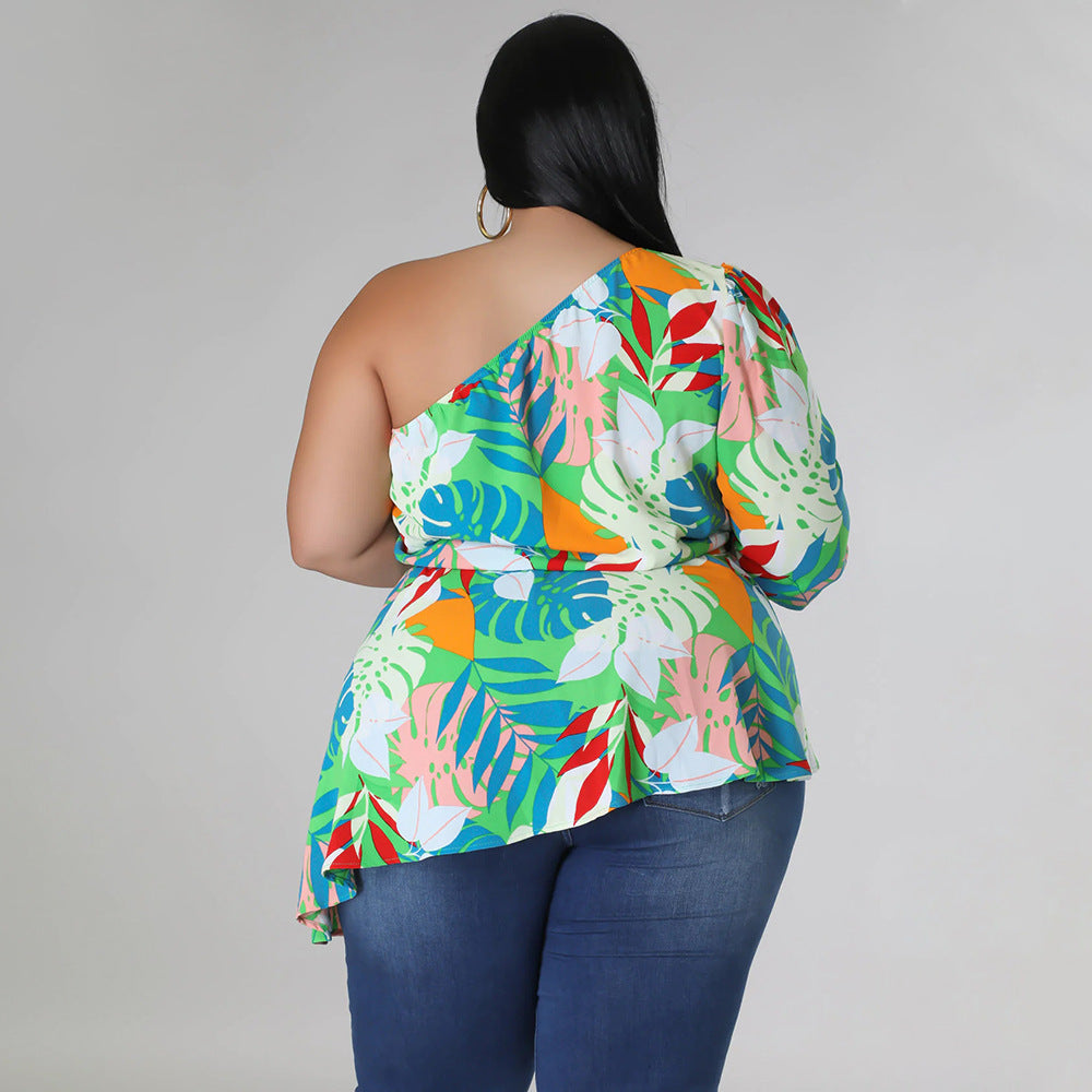 Plus Size Asymmetrical One Shoulder Printed Shoulder Long Sleeve Blouse