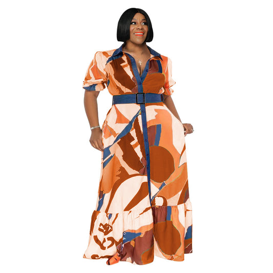 Robe Maxi à Manches Courtes Imprimée Grande Taille pour Femme avec Ceinture - 3 Couleurs