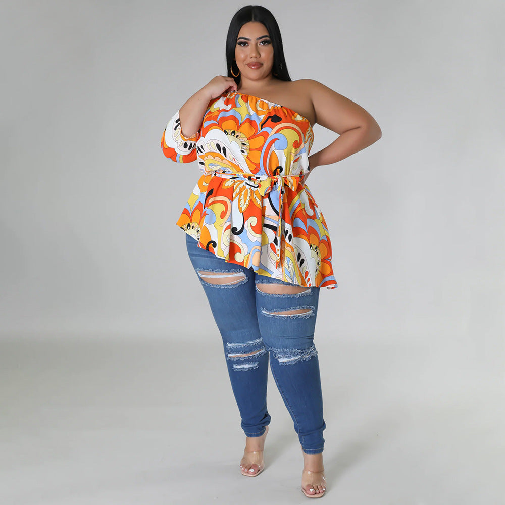 Plus Size Asymmetrical One Shoulder Printed Shoulder Long Sleeve Blouse