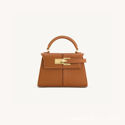 Trapezoidal Leather Shoulder Bag – Structured Luxury Crossbody Handbag Brown - Small size
