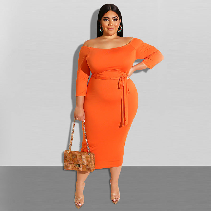 Plus Size Sunset Chic Bodycon off-the-Neck Midi Dress