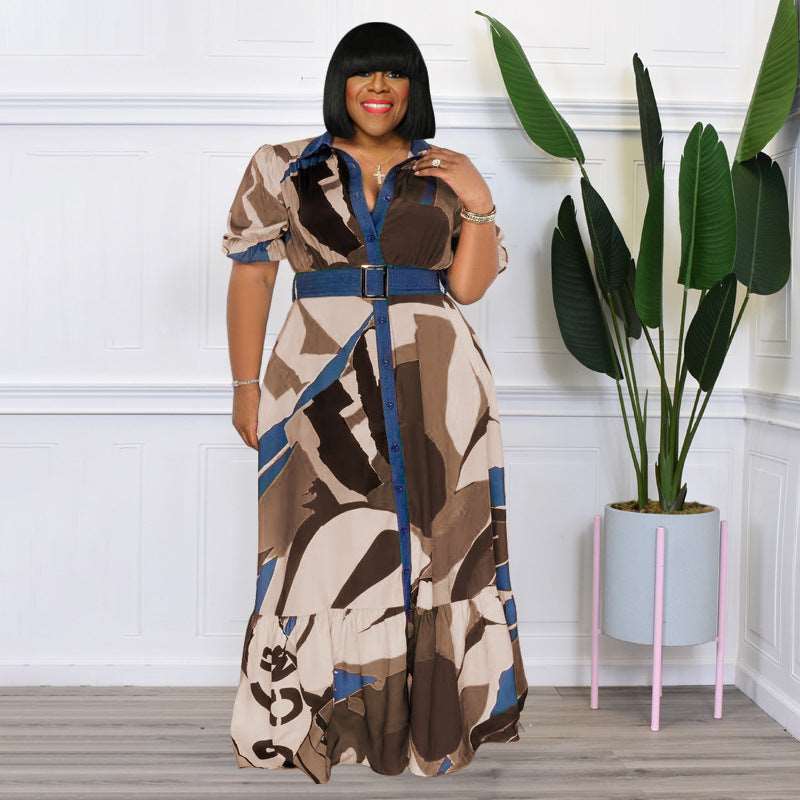 Plus Size All-Over Print Short Sleeve Maxi Dress with Belt - 3 Colors