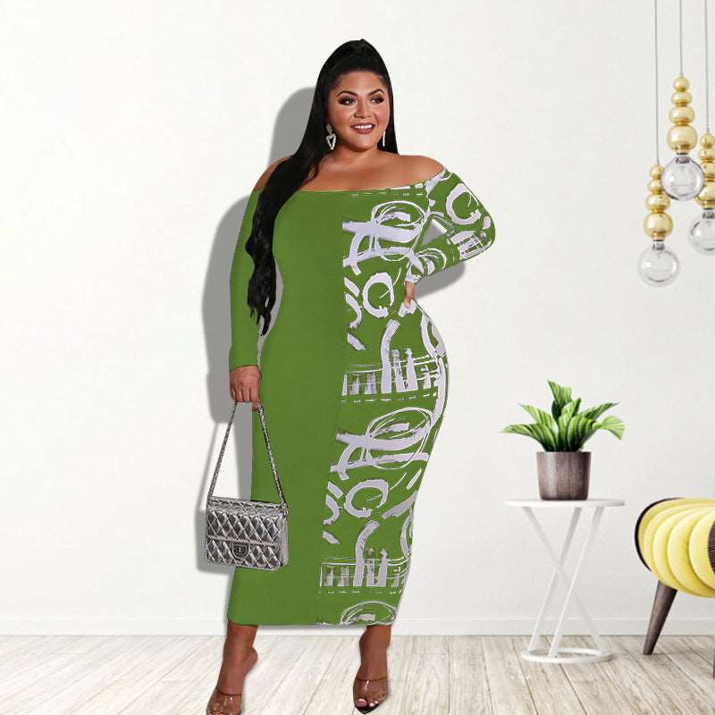 Plus Size Graffiti off-the-Neck Bodycon Midi Dress - 3 Colors