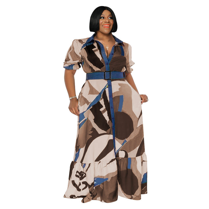 Women's All-Over Print Short Sleeve Maxi Dress with Belt - 3 Colors