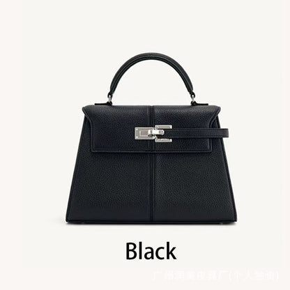 Trapezoidal Leather Shoulder Bag – Structured Luxury Crossbody Handbag Black - Large size