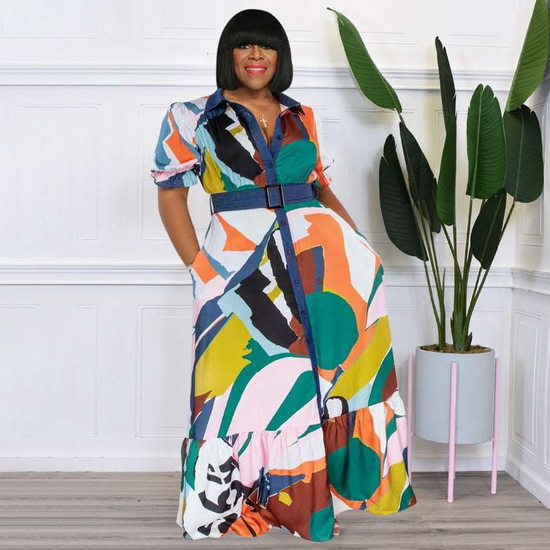 Plus Size All-Over Print Short Sleeve Maxi Dress with Belt - 3 Colors