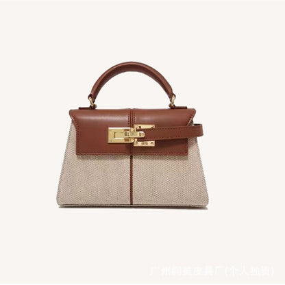 Trapezoidal Leather Shoulder Bag – Structured Luxury Crossbody Handbag Canvas brown - Large size