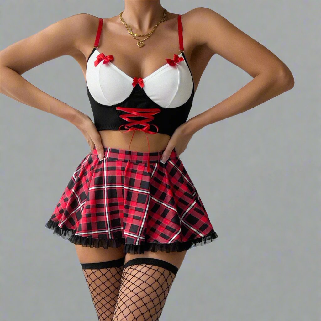 Chic Four Piece Cosplay Role-play Plaid Ribbon Lingerie Set