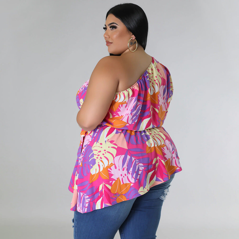 Plus Size Asymmetrical One Shoulder Printed Shoulder Long Sleeve Blouse