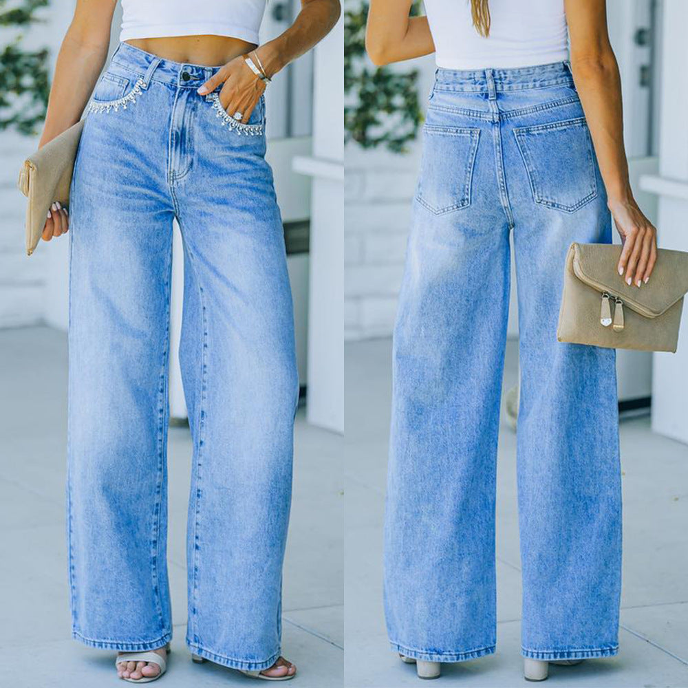 Women's Petal Pocket Casual Wish Loose Washed-out Denim Pants