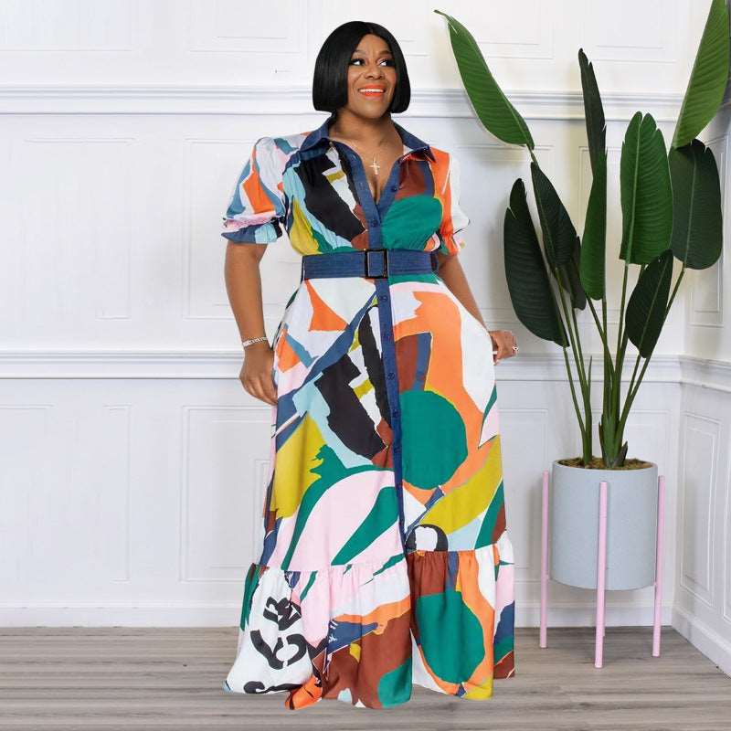 Plus Size All-Over Print Short Sleeve Maxi Dress with Belt - 3 Colors