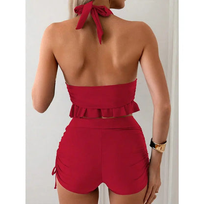 Ruffle Backless Two-Piece Swimsuit Set with Shorts