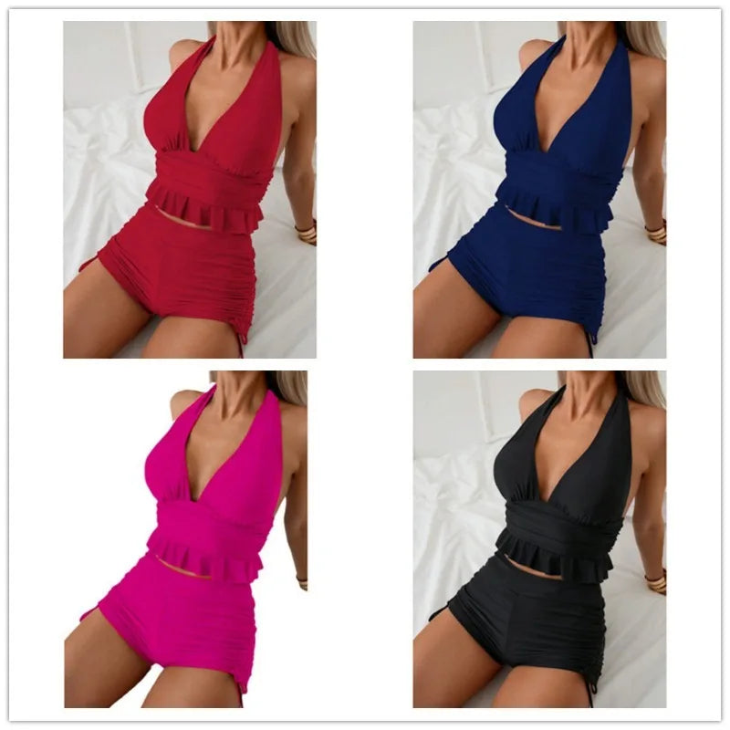 Ruffle Backless Two-Piece Swimsuit Set with Shorts