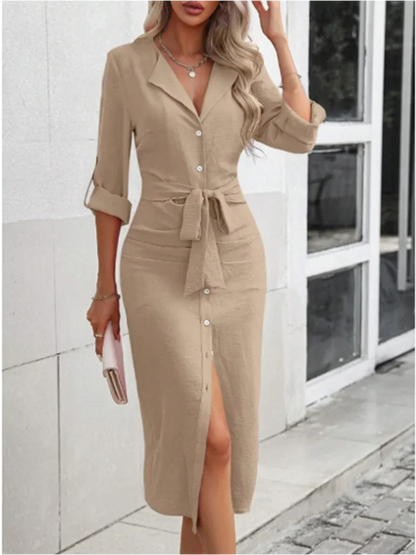 V-Neck Long Sleeve Maxi Shirt Dress – Button-Up Lace Waist Ankle-Length Dress