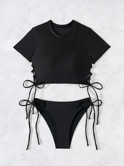 Women's Short-Sleeve Bikini Set | Two-Piece Modest Swimsuit with Drawstring – Red & Black