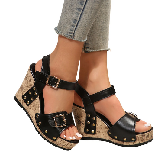 Peep-Toe Wedge Platform Heeled Sandals With Rivets Buckle Strap