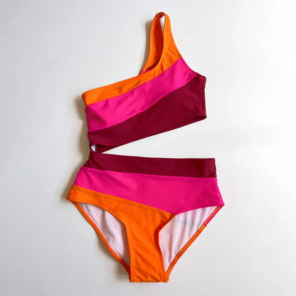 One-Shoulder Color Block Swimsuit Set with Shorts Pink United States