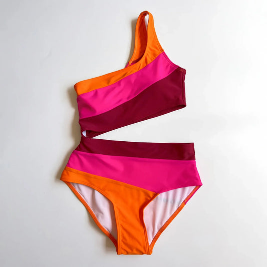 One-Shoulder Color Block Swimsuit Set with Shorts Pink United States