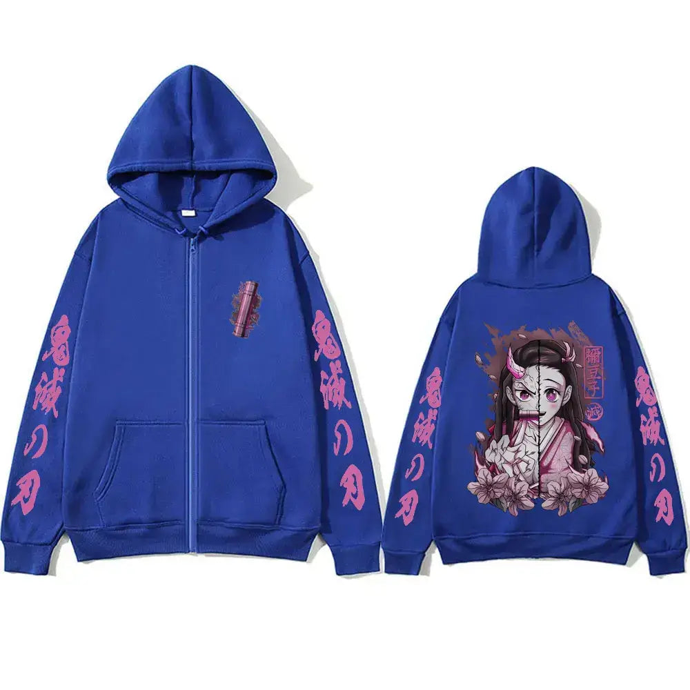 Kamado Nezuko Merch Zipper Hoodie Demon Slayer Oversized Blue