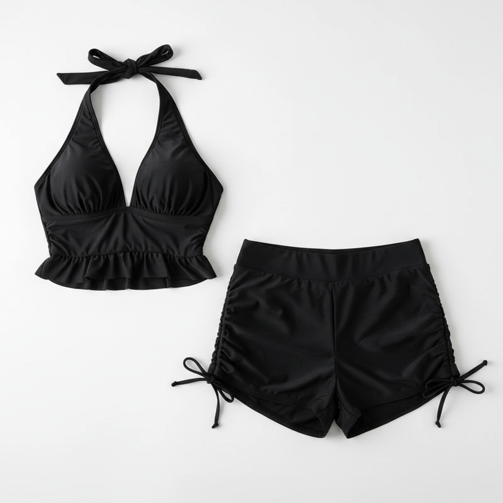 Ruffle Backless Two-Piece Swimsuit Set with Shorts black