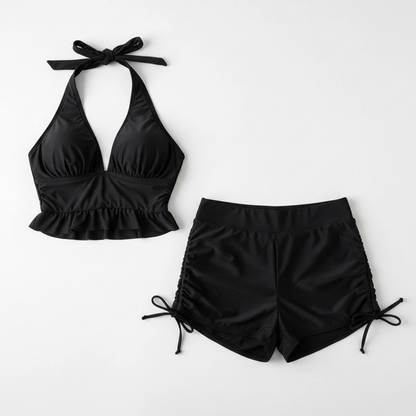 Ruffle Backless Two-Piece Swimsuit Set with Shorts black
