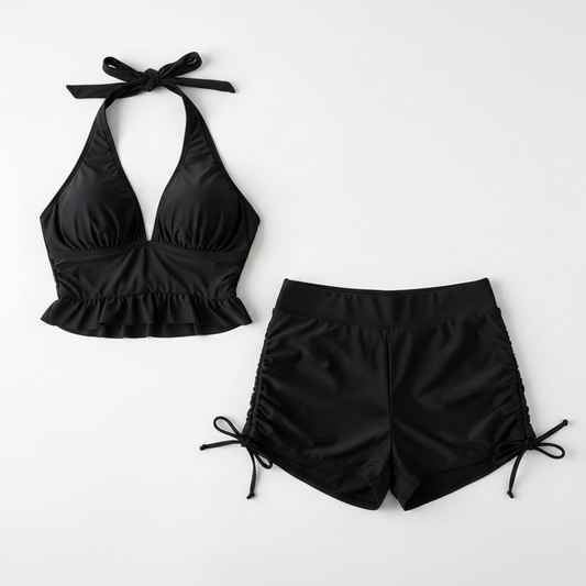 Ruffle Backless Two-Piece Swimsuit Set with Shorts black