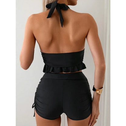 Ruffle Backless Two-Piece Swimsuit Set with Shorts