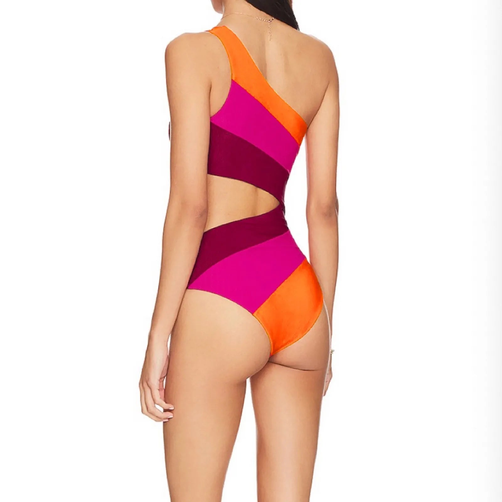 One-Shoulder Color Block Swimsuit Set with Shorts