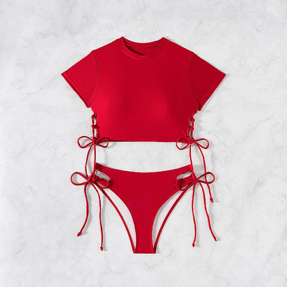 Women's Short-Sleeve Bikini Set | Two-Piece Modest Swimsuit with Drawstring – Red & Black Red United States