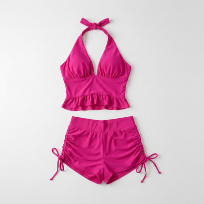 Ruffle Backless Two-Piece Swimsuit Set with Shorts Rose Red