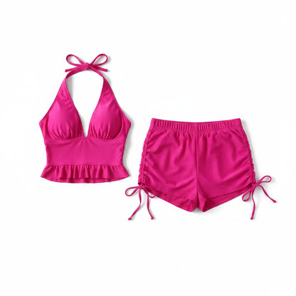 Ruffle Backless Two-Piece Swimsuit Set with Shorts